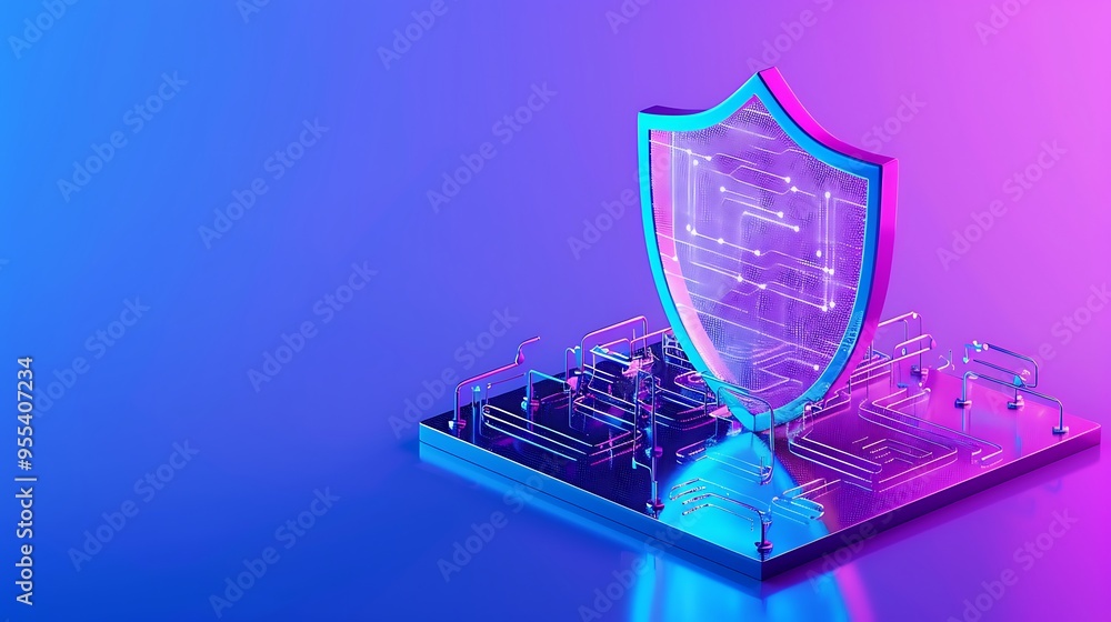 Poster digital shield protecting electronic circuits on a microchip, highlighting cybersecurity and data pr