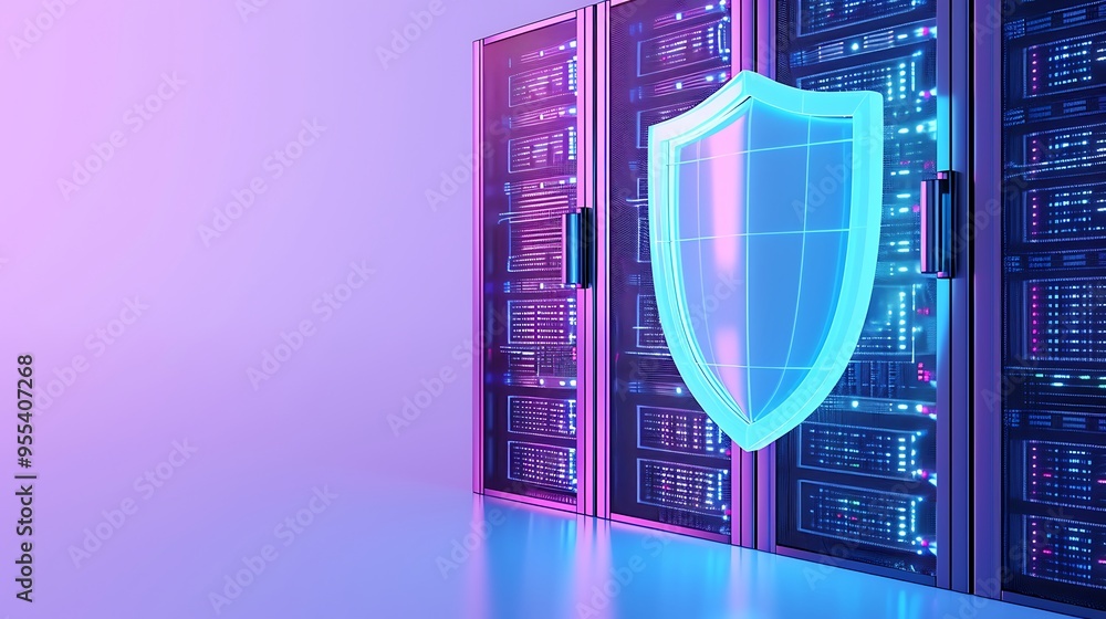 Poster digital shield protecting server data center, symbolizing cybersecurity, data protection, and intern