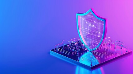 Digital shield protecting electronic circuits on a microchip, highlighting cybersecurity and data protection in vibrant blue and pink hues.