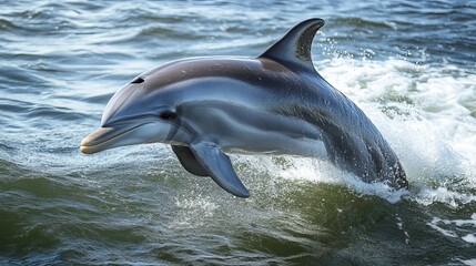 Fototapeta premium Dolphins, marine mammals renowned for their intelligence, exhibit playful and amiable behavior. Their sleek bodies, smooth skin, and distinctive curved dorsal fin complement their gray coloration. 