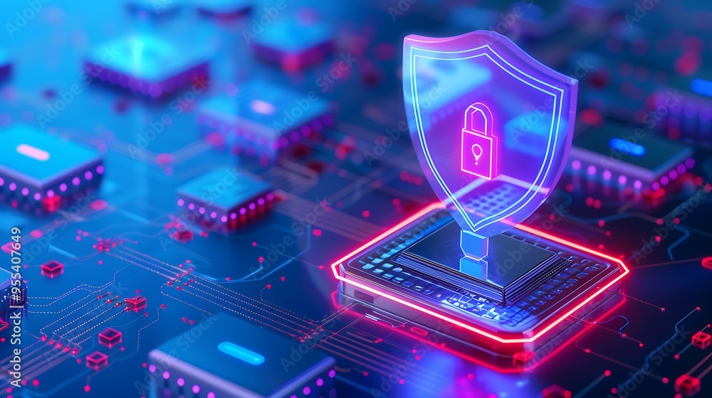 Poster digital shield reflecting cybersecurity on a glowing circuit board, symbolizing data protection and 