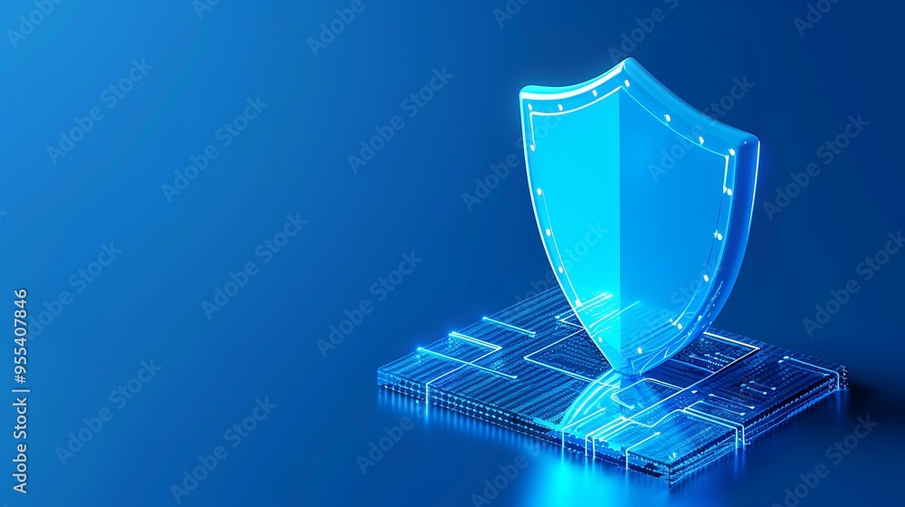 Poster digital shield representing cybersecurity and data protection on a blue technology background with a