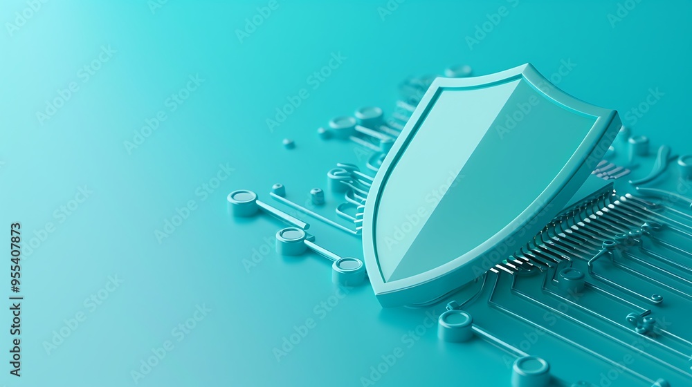 Poster digital shield representing cybersecurity and data protection on pcb circuit board, aqua-colored bac