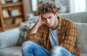 Obraz premium Young man with a headache sits on the sofa, holding his temple, feeling isolated at home