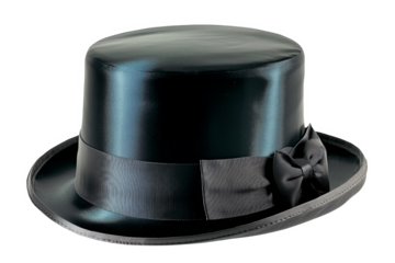 A black top hat with a satin finish and a black ribbon bow.