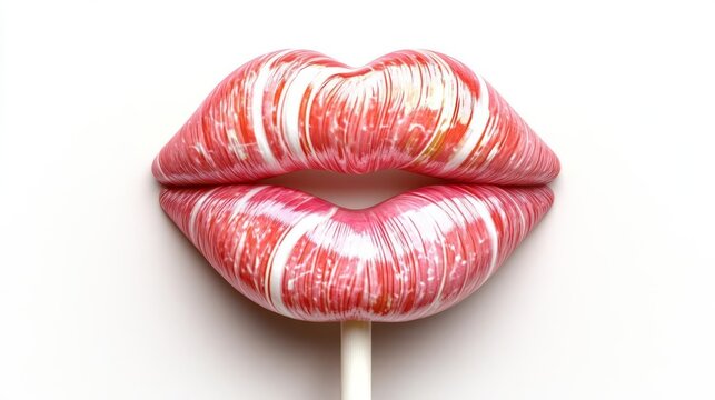 Close-up of red and white striped lips in the shape of a candy lollipop on a white background. Creative and artistic makeup concept.