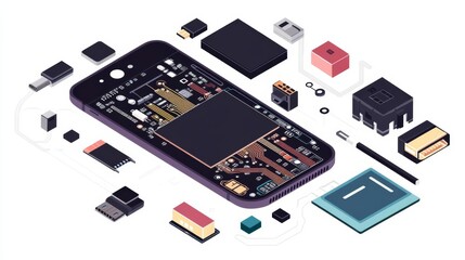 Detailed illustration of a disassembled smartphone showing internal components and circuitry against a white background.