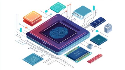 Futuristic digital illustration of a neural network processor surrounded by various technological components and circuits.