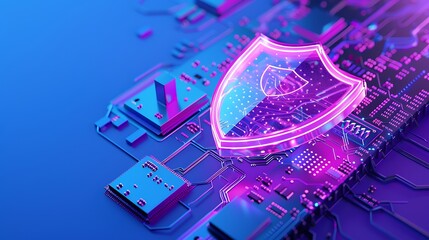 Digital shield representing cybersecurity protection over a computer circuit board in a vibrant, futuristic blue and purple theme.
