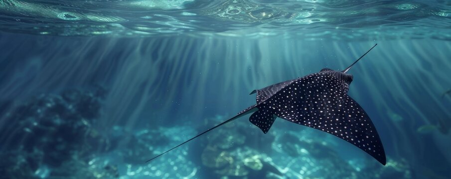 Elegant spotted eagle ray gliding effortlessly through the water, 4K hyperrealistic photo