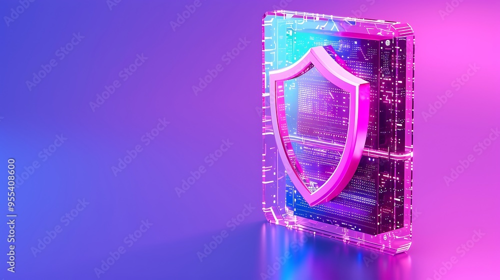 Poster digital shield representing cybersecurity, with futuristic and vibrant colors illustrating data prot