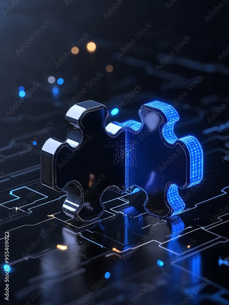 Poster a 3d of two puzzle pieces symbolizing api integration. one piece is metallic, representing establish