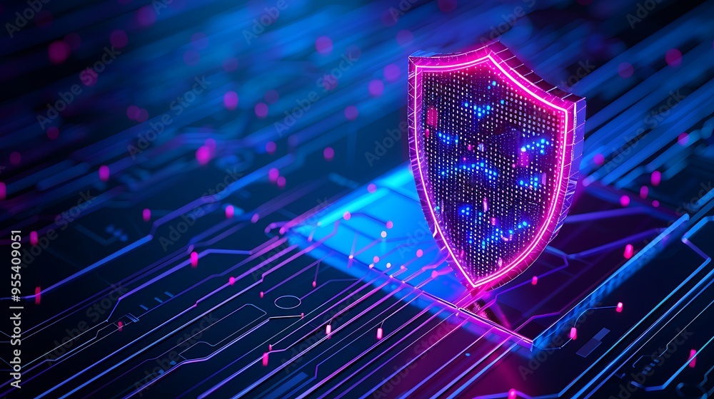 Poster digital shield symbolizing cybersecurity and data protection in a virtual network environment with n