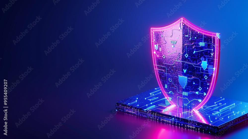 Poster digital shield symbolizing cybersecurity and data protection on neon-lit background. concept of inte