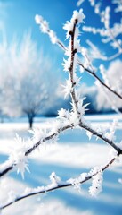 Frost covered branches glisten under a bright winter sky in a serene snowy landscape