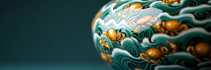 A beautifully crafted ceramic vase adorned with intricate wave patterns and stylized crabs. The blue and white colors create a serene and calming effect, evoking the vastness of the ocean. The crabs s