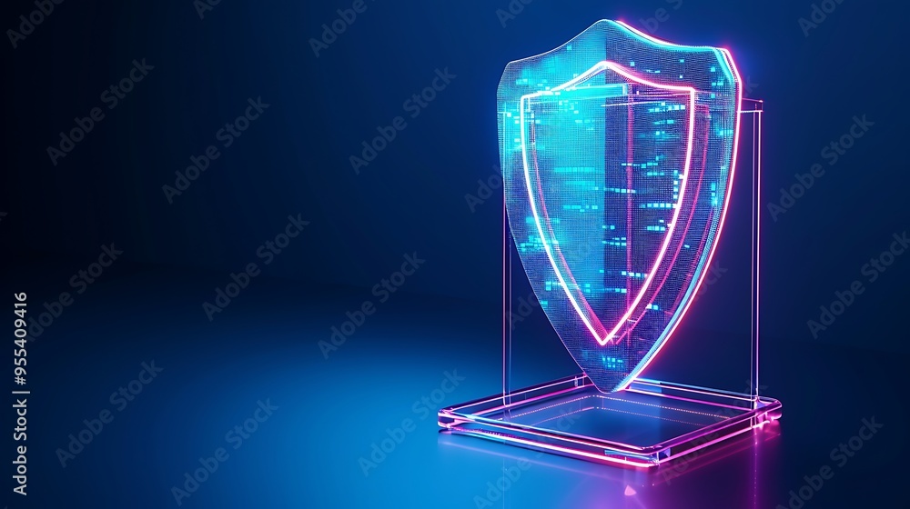 Aufkleber digital shield symbolizing cybersecurity with neon lights on a blue background, representing data pr