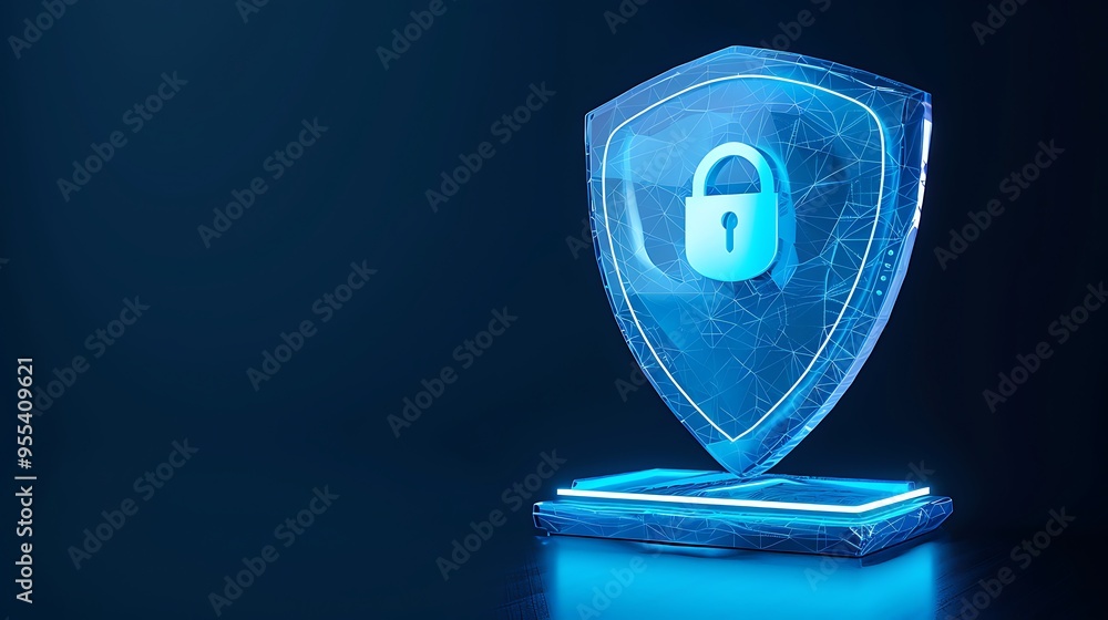 Poster digital shield with a padlock icon, representing cybersecurity and data protection, glowing on a dar