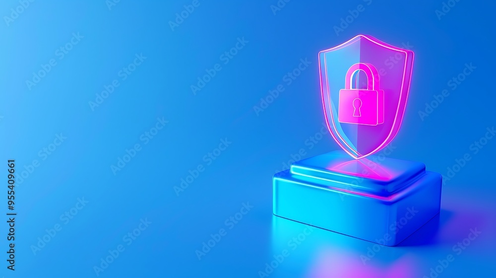 Poster digital shield with a padlock on a blue pedestal, representing data security and cyber protection in
