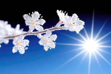 Frosty white blossoms glisten under the bright sun against a blue winter sky backdrop