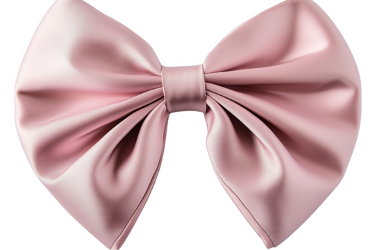 A large, soft, pink satin bow isolated on a white background.