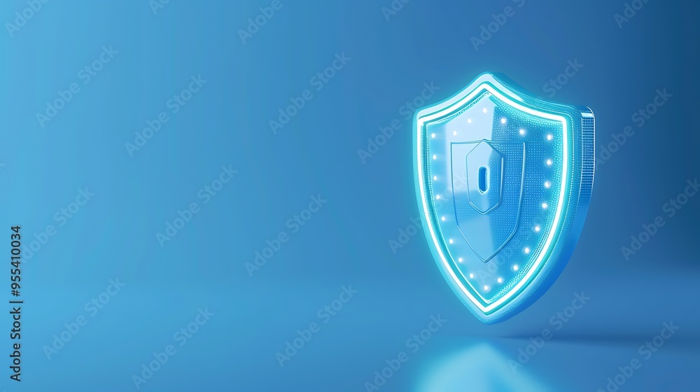 Poster digital shield with glowing edges on a blue background representing cybersecurity and data protectio