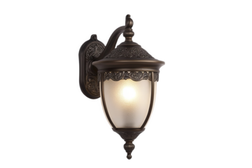 A close-up of a traditional outdoor wall sconce with an ornate design and a frosted glass shade.