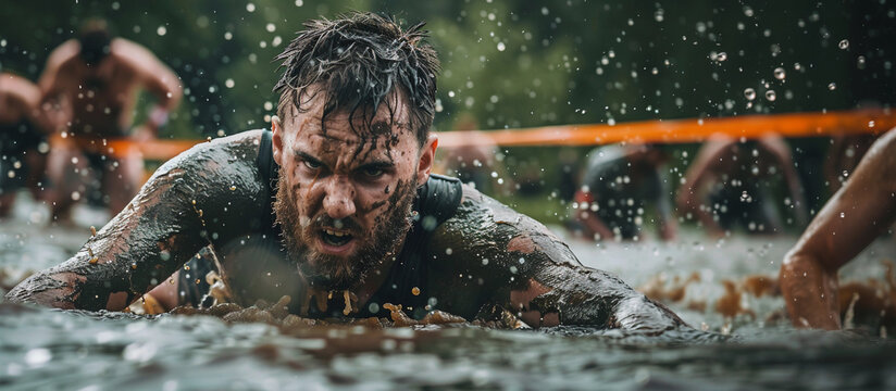 A man competing in a grueling sport competition muddy water mud on face agonizing pain