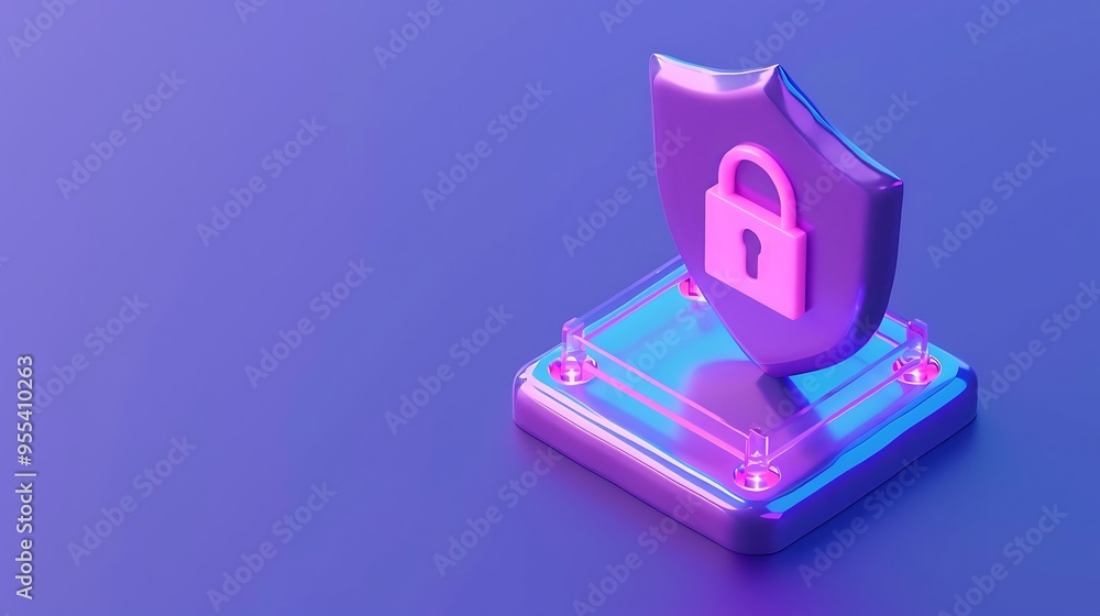 Aufkleber digital shield with lock symbol representing data security and privacy, illuminated in purple neon l