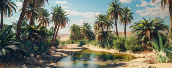 Fototapeta premium Desert oasis with palm trees and a small pond, 4K hyperrealistic photo