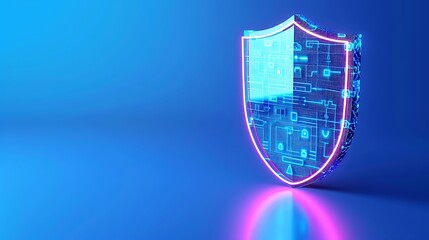 Digital shield with holographic data interface, representing cybersecurity, data protection, and information safety in a blue-lit environment.