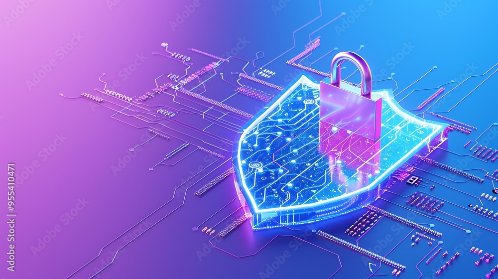 Poster digital shield with padlock representing cybersecurity and protection of data, featuring a glowing b