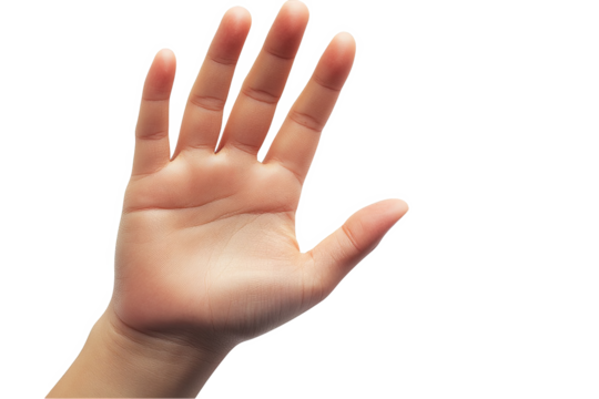 A close-up of a hand with five fingers extended, palm facing the camera. The hand is raised as if in a gesture of stopping or halting.