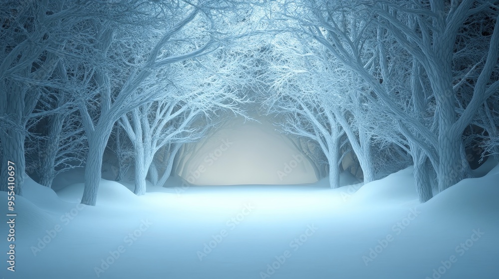 Aufkleber a captivating 3d image of a snow-covered forest, where towering trees create an enchanting pathway l
