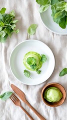 A tempting dish of ravioli garnished with vibrant pea shoots sits elegantly on a white plate, showcasing a delightful culinary creation in a warm atmosphere.