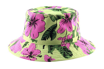 A light green bucket hat with a tropical floral print featuring pink flowers and green leaves.