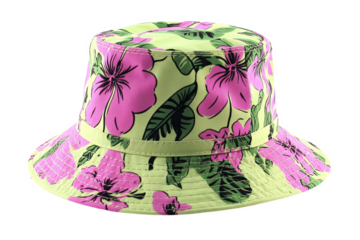A light green bucket hat with a tropical floral print featuring pink flowers and green leaves.