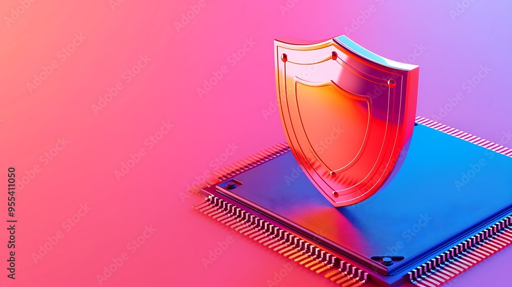 Poster futuristic concept of cybersecurity with a translucent shield hovering over a microchip, symbolizing