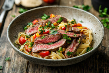 A rustic bowl filled with beef and noodles