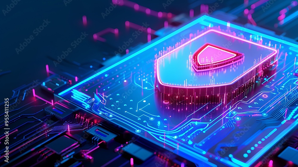 Poster futuristic cyber security concept with a glowing shield on a digital circuit board, protecting data 