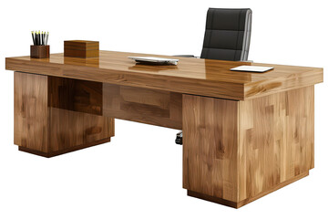 Wooden work desk with chair and office supplies on transparent background