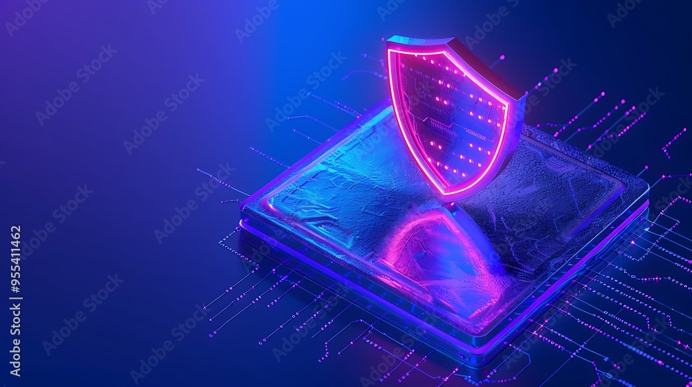Aufkleber futuristic cyber security concept with glowing shield on a digital processor. high-tech digital defe