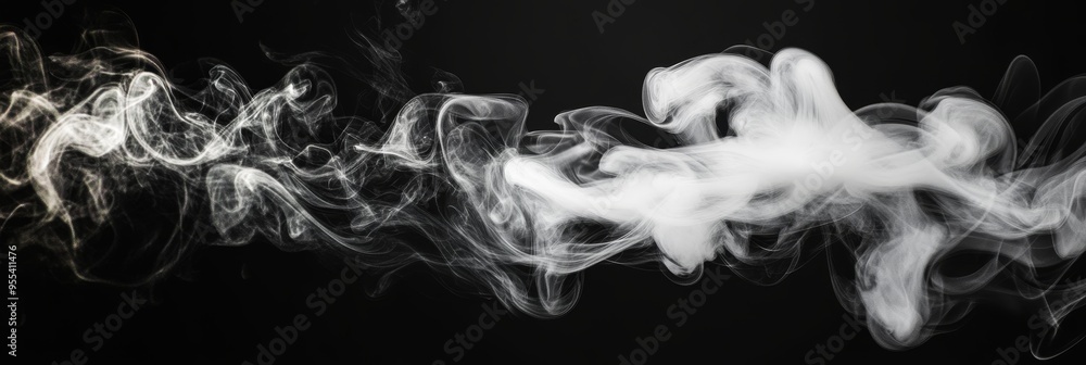 Poster a captivating image showcasing a dynamic flow of white smoke against a stark black backdrop. the smo