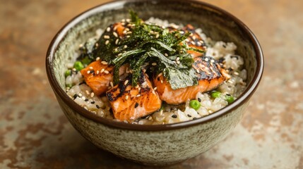 A warm bowl of comforting ochazuke, featuring rice soaked in green tea and topped with savory grilled salmon, nori, and sesame seeds.