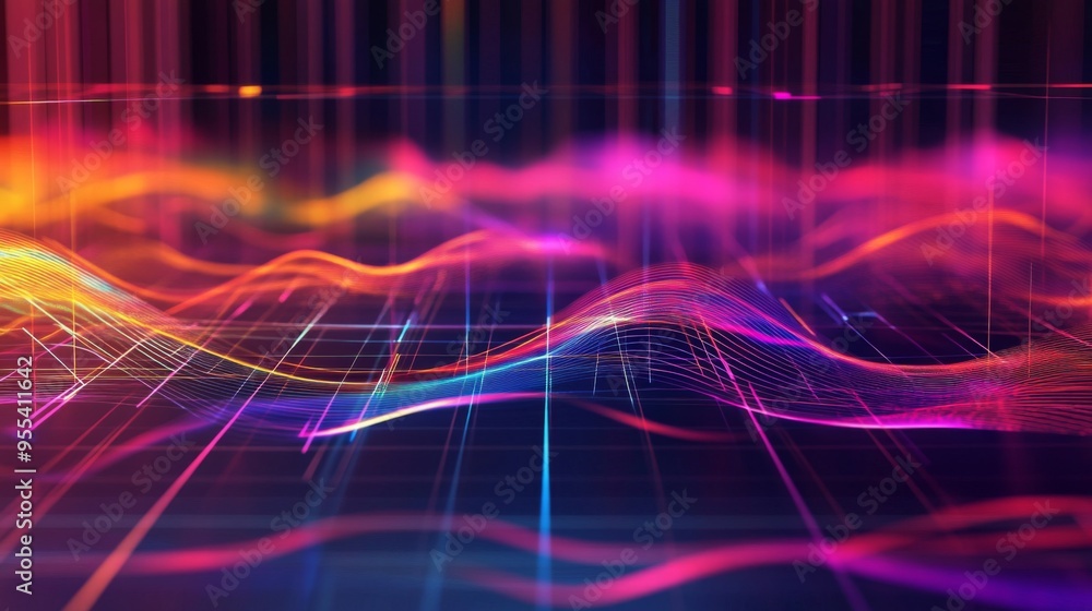 Poster a waveform pattern superimposed on a transparent grid, with vibrant colors and clear lines, creating