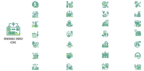 Renewable simple concept 28 colour icons set. Contains such Green energy, renewable energy,policy, enviroment, biosphere, energy saving, accumulator, electric tower, .Vector illustration.