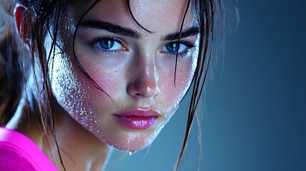 Close-up of a female athlete's face in the midst of a workout, sweat running down her temples,...