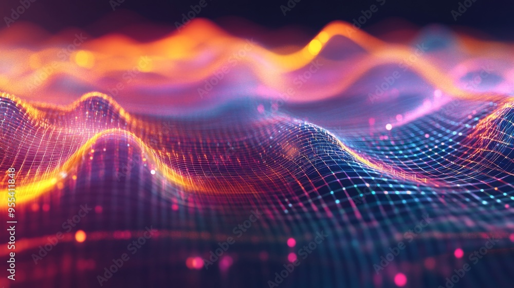 Poster a waveform pattern superimposed on a transparent grid, with vibrant colors and clear lines, creating