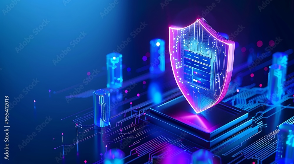 Poster futuristic cybersecurity concept: glowing digital shield protecting network data on a microchip, sym