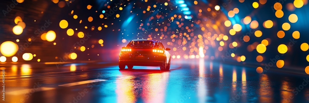 Poster a car drives through a tunnel, illuminated with colorful lights creating a mesmerizing effect. the l